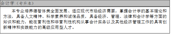 会计学（专升本）,本专业培养德智体美全面发展、适应现代市场经济需要，掌握会计学的基本理论和方法，具备人文精神、科学素养和诚信品质，具备经济、管理、法律和会计学等方面的知识和能力，能在营利性和非营利性机构从事会计实务以及其他经济管理工作的具有创新精神和实践能力的高级应用型人才。